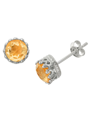 6mm Round-cut Citrine Crown Earrings In Sterling Silver