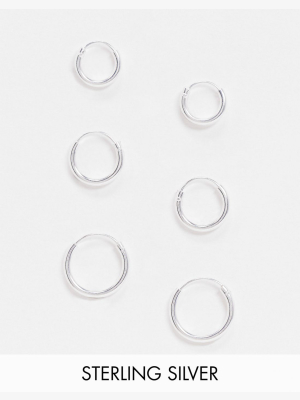 Asos Design Sterling Silver Pack Of 3 Small Hoops