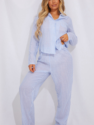 Blue Striped Cotton Long Sleeve Shirt And Pants...