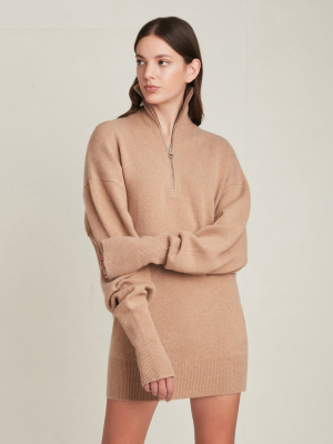 Wesley Slouchy Zip Front Cashmere Blend Sweater Dress In Camel