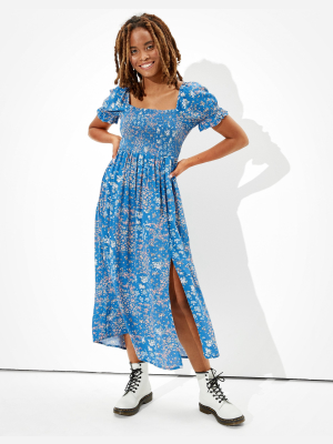 Ae Smocked Square Neck Midi Dress