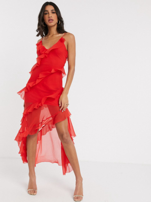 Asos Design Tiered Ruffle Cami Slip Maxi Dress In Red