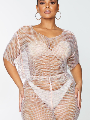 Plus Baby Pink Diamante Fishnet T-shirt