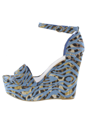 Chosen03 Denim Open Toe Ankle Strap Platform Wedge