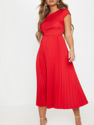 Red Cap Sleeve Pleated Midi Skater Dress