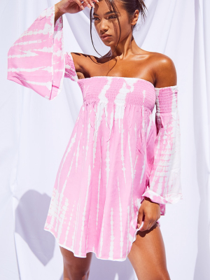 Pink Tie Dye Shirred Bardot Smock Dress