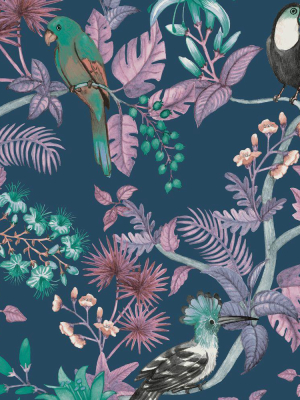 Birds Of Paradise Self-adhesive Wallpaper In Pacific Blue By Tempaper