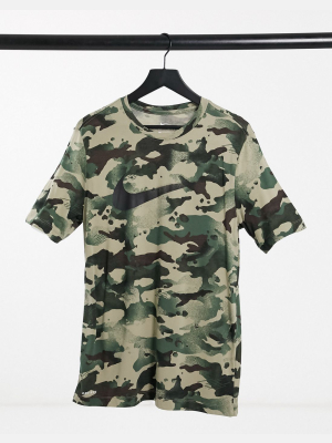 Nike Training All-over Camo Print Swoosh T-shirt In Khaki