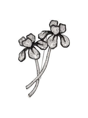 Double Black Line Crystal Long Stem Flower Pin