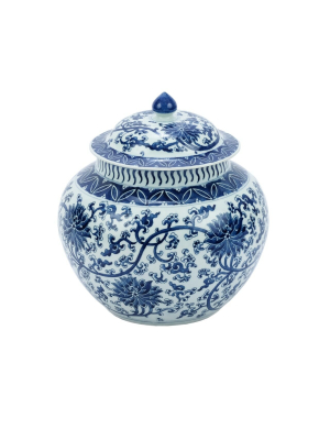 Twisted Lotus Lidded Melon Jar, Blue And White