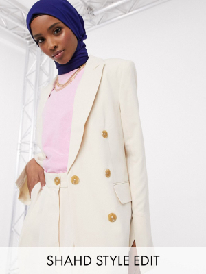 Asos Design Button Suit Blazer In Ecru