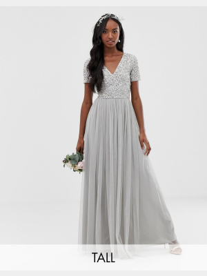 Maya Tall Bridesmaid V Neck Maxi Tulle Dress With Tonal Delicate Sequins In Silver