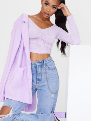 Lilac Slinky Ruched Front Long Sleeve Crop Top