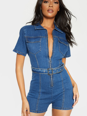 Mid Wash Zip Front Belted Hot Pants Romper