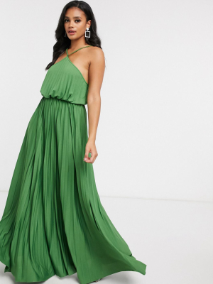 Asos Design Halter Neck Pleated Maxi Dress In Green