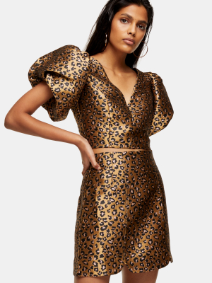 Animal Print Puff Sleeve Bralet And Skirt Co-ord