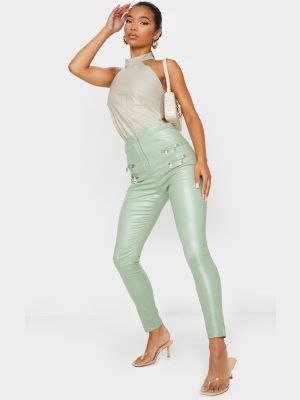 Sage Green Biker Detail Coated Skinny Jeans