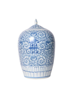 Double Happiness Floral Ginger Jar, Blue And White