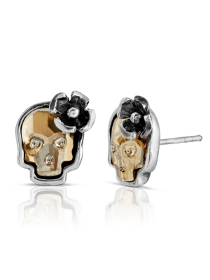 Clear Gold Flower Skull Stud Earrings