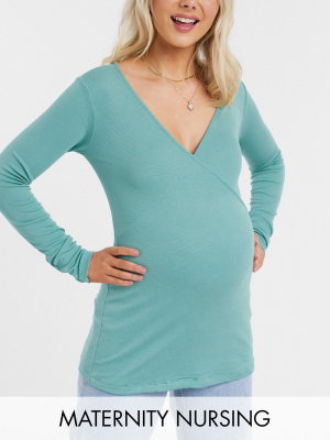 Asos Design Maternity Nursing Wrap Top In Rib