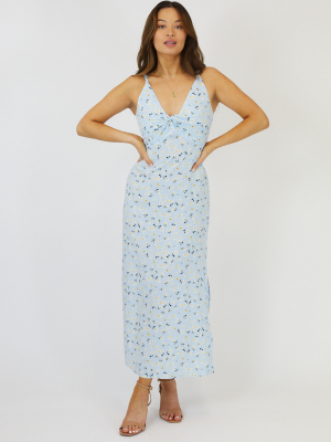 Bria Floral Knot Front Slip Dress / Blue Ditsy