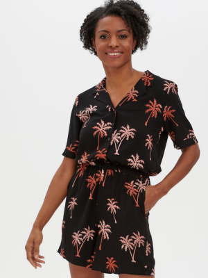 Clara Playsuit - Black, Palm Tree