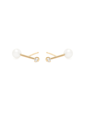 Zoe Chicco Barbell Diamond And Pearl Studs In Yellow Gold