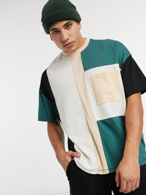 Asos Design Organic Oversized T-shirt With Half Sleeve In Multi Fabric Color Block