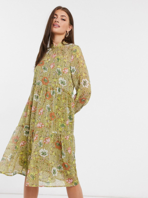 Vero Moda Chiffon Midi Dress With High Neck In Green Floral