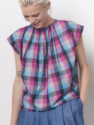 Maggie Pleat Neck Top - Plaid