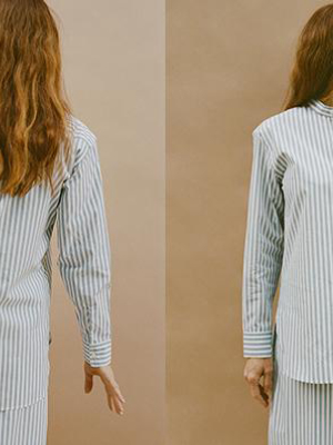 Japanese Striped Cotton Mao Shirt, White & Blue Stripes