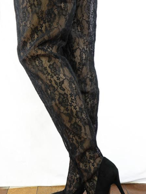 M487 Black Lace Shaft Thigh High Pointed Toe Boot