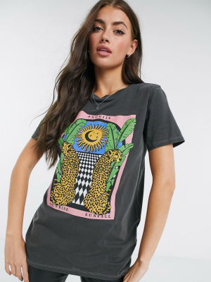 Asos Design T-shirt With Tiger Print Motif In Charcoal