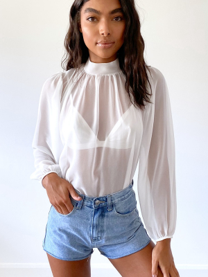 White Sheer Chiffon Tie Waist Blouse