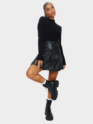 Black Frill Hem Faux Leather Mini Skirt