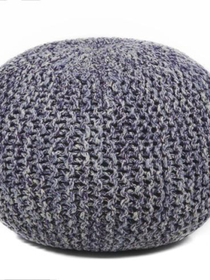 Hand-knitted Contemporary Cotton Pouf, Blue