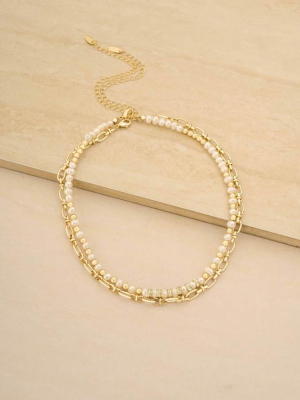 Pearl And Mini Links 18k Gold Plated Necklace Set