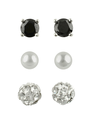 Cubic Zirconia Stud, Ball And Crystal Fireball Earrings Set Of 3 - Black