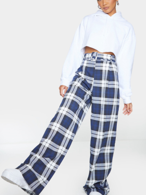 Navy Belted Checked Wide Leg Pants