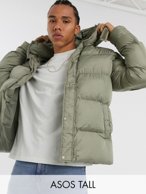 Asos Design Tall Sustainable Puffer Jacket With Detachable Hood In Khaki