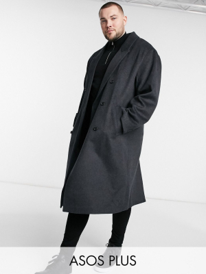 Asos Design Plus Wool-blend Longline Overcoat In Charcoal