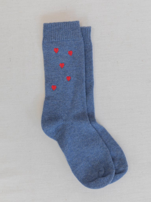 The Cashmere Embroidered Sock. -- Blue Jean With Red Heart Embroidery