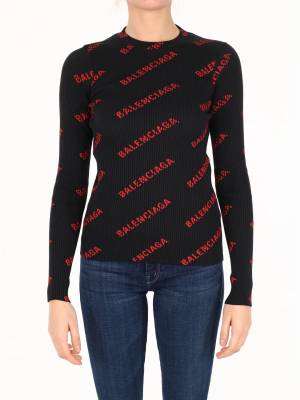 Balenciaga Allover Logo Ribbed Long-sleeve Top