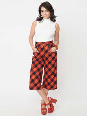 Unique Vintage Orange & Dark Navy Plaid Ginger Culottes