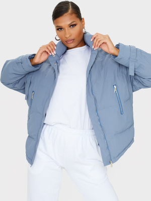 Grey High Collar Belted Wrist Panel Puffer Jacket