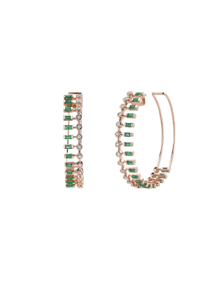 Dot Dash Diamond & Emerald Hoops - Rose Gold