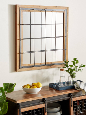 Contemporary Square Iron And Wood Grid Patterned Wall Mirror - Olivia & May