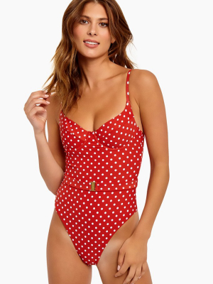 Danielle Underwire Belted One Piece Swimsuit - Burnt Red Polka Dot Print