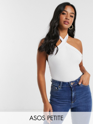 Asos Design Petite Halterneck Bodysuit With Cross Front In White