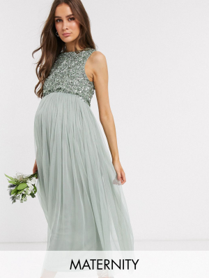 Maya Maternity Bridesmaid Sleeveless Midaxi Tulle Dress With Tonal Delicate Sequin Overlay In Sage Green